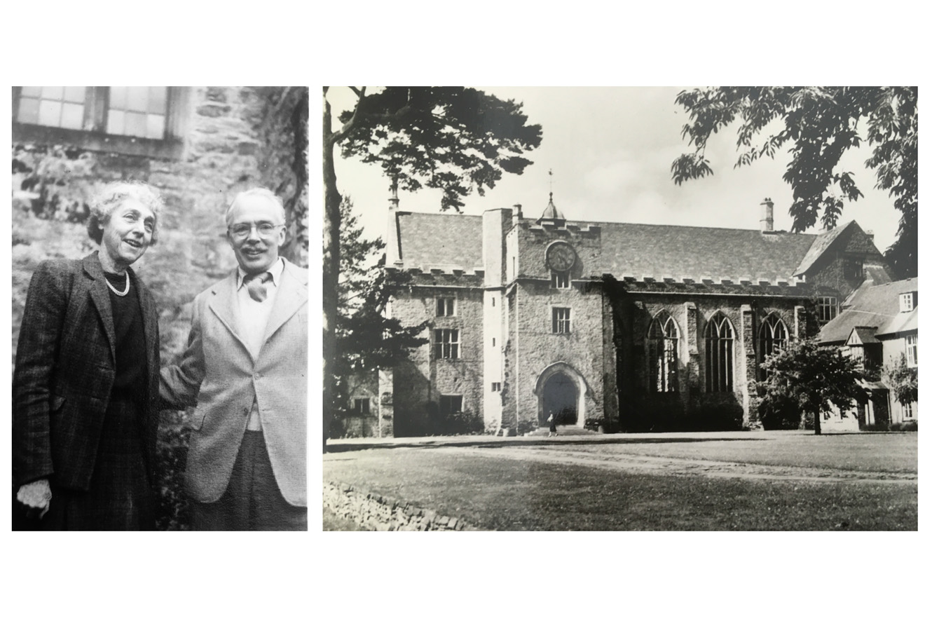 Two black and white photos, one of a man and women in a smart suit, smiling, with a brick building behind them, another photo, an exterior shot of old brick building.